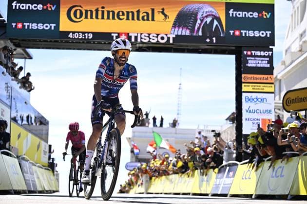 French Valentin Paret-Peintre of Soudal Quick-Step celebrates after winning stage 16 of the 2025 Tour de France cycling race, from Montpellier to Mont Ventoux (172 km), on Tuesday 22 July 2025 in France. The 112th edition of the Tour de France starts on Saturday 5 July in Lille, France, and will finish in Paris, France on the 27th of July. JASPERxJACOBS  x129791719x