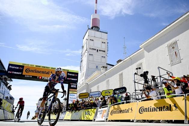 French Valentin Paret-Peintre of Soudal Quick-Step celebrates after winning stage 16 of the 2025 Tour de France cycling race, from Montpellier to Mont Ventoux (172 km), on Tuesday 22 July 2025 in France. The 112th edition of the Tour de France starts on Saturday 5 July in Lille, France, and will finish in Paris, France on the 27th of July. JASPERxJACOBS  x129802547x