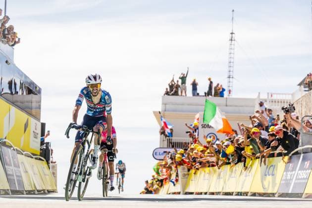 French Valentin Paret-Peintre of Soudal Quick-Step celebrates as he crosses the finish line to win pictured at the start of stage 16 of the 2025 Tour de France cycling race, from Montpellier to Mont Ventoux (172 km), on Tuesday 22 July 2025 in France. The 112th edition of the Tour de France starts on Saturday 5 July in Lille, France, and will finish in Paris, France on the 27th of July. JASPERxJACOBS  x129807596x