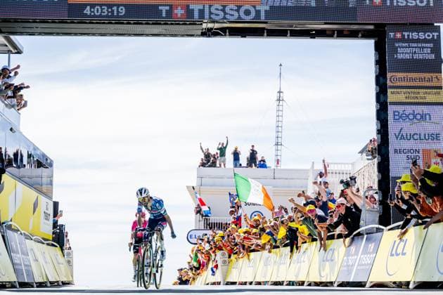 French Valentin Paret-Peintre of Soudal Quick-Step celebrates as he crosses the finish line to win pictured at the start of stage 16 of the 2025 Tour de France cycling race, from Montpellier to Mont Ventoux (172 km), on Tuesday 22 July 2025 in France. The 112th edition of the Tour de France starts on Saturday 5 July in Lille, France, and will finish in Paris, France on the 27th of July. JASPERxJACOBS  x129807608x