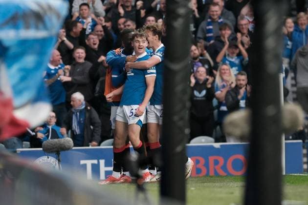 UK: Rangers v Panathinaikos, UEFA Champions League second qualifying round at Ibrox Stadium, Glasgow, Scotland on 22 July 2025: Pictured: Findlay Curtis (Rangers) scores to make it 1-0 Glasgow Ibrox Stadium Scotland Copyright: xAlexxToddx
