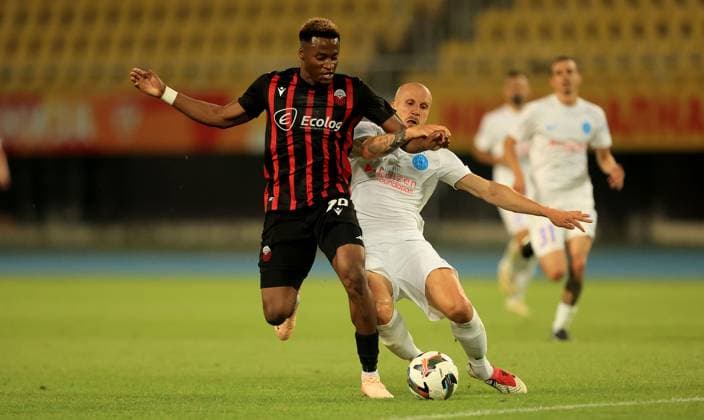 22.07.2025 Skopje KF Shkendija Tetovo-FCSB champion s league qualifiers second leg men s football Fabrice Tamba(L) Shkendija ,Vlad Chiriches(C) FCSB :