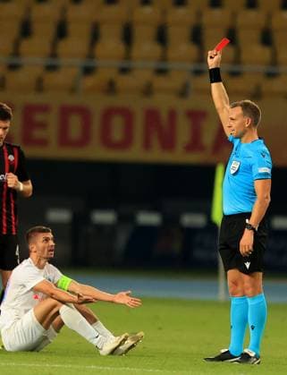 22.07.2025 Skopje KF Shkendija Tetovo-FCSB champion s league qualifiers second leg men s football Florin Tanase(L) FCSB red card,Nathan Verboomen (R) Belgium referee :