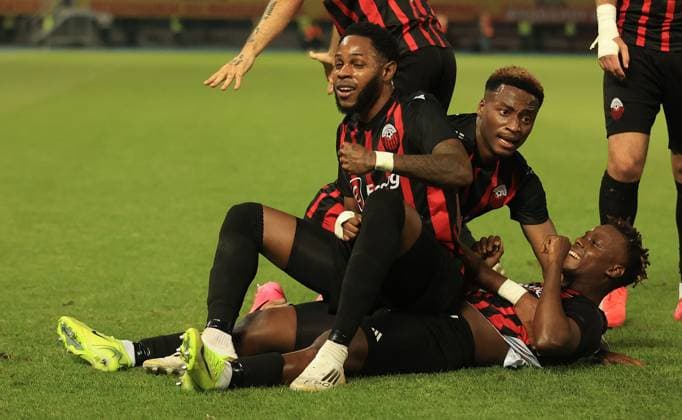 22.07.2025 Skopje KF Shkendija Tetovo-FCSB champion s league qualifiers second leg men s football Ronaldo Webster(L), Fabrice Tamba(C),Adamu Alhassan(R) Shkendija :
