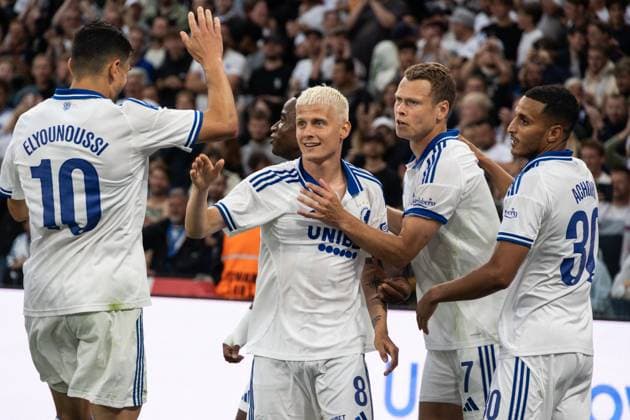 July 22, 2025, Copenhagen, Denmark: Magnus Mattsson 8 of F.C. Copenhagen celebrates with teammates after scoring their second goal during the UEFA Champions League 2025 26 Second Qualifying Round match between F.C. Copenhagen and FC Drita at Parken Stadium. Final score: F.C. Copenhagen 2:0 FC Drita. Copenhagen Denmark - ZUMAs197 20250722_aaa_s197_163 Copyright: xKristianxTuxenxLadegaardxBergx