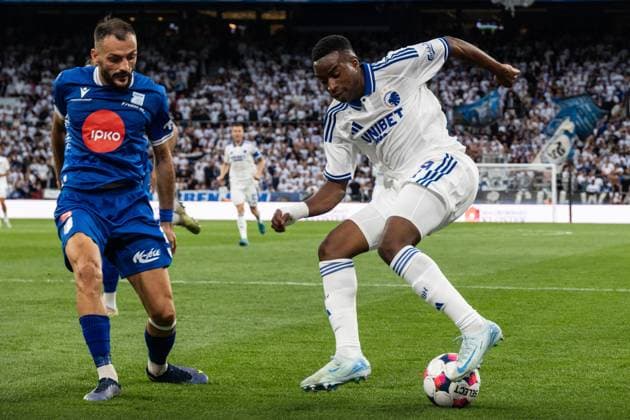 July 22, 2025, Copenhagen, Denmark: Besnik Krasniqi (L) of FC Drita and Youssoufa Moukoko (R) of F.C. Copenhagen in action during the UEFA Champions League 2025 26 Second Qualifying Round match between F.C. Copenhagen and FC Drita at Parken Stadium. Final score: F.C. Copenhagen 2:0 FC Drita. Copenhagen Denmark - ZUMAs197 20250722_aaa_s197_172 Copyright: xKristianxTuxenxLadegaardxBergx