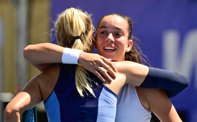 Czech tennis player Tereza Valentova (right) and Rebecca Sramkova of Slovakia hug each other, as Valentova won the match at the WTA, Tennis Damen Livesport Prague Open 2025 on the courts of TK Sparta Prague, in Prague, Czech Republic, on July 23, 2025. (CTKxPhoto RomanxVondrous) CTKPhotoP2025072304625  CTKPhotoP2025072304625