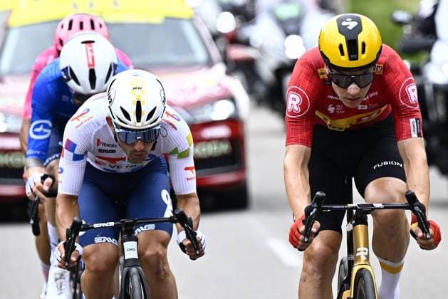 French Mathieu Burgaudeau of Team TotalEnergies and Norwegian Jonas Abrahamsen of Uno-X Mobility pictured in the breakaway group during stage 17 of the 2025 Tour de France cycling race, from Bollene to Valence (161km), on Wednesday 23 July 2025 in France. The 112th edition of the Tour de France starts on Saturday 5 July in Lille, France, and will finish in Paris, France on the 27th of July. JASPERxJACOBS  x129851316x