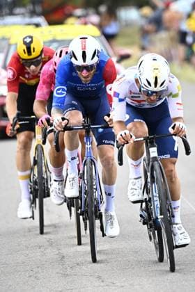 Norwegian Jonas Abrahamsen of Uno-X Mobility, Italian Vincenzo Albanese of EF Education-EasyPost, French Quentin Pacher of Groupama-FDJ and French Mathieu Burgaudeau of TotalEnergies pictured in the breakaway group during stage 17 of the 2025 Tour de France cycling race, from Bollene to Valence (161km), on Wednesday 23 July 2025 in France. The 112th edition of the Tour de France starts on Saturday 5 July in Lille, France, and will finish in Paris, France on the 27th of July. JASPERxJACOBS  x129851384x