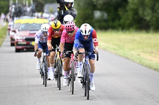 French Mathieu Burgaudeau of TotalEnergies, Norwegian Jonas Abrahamsen of Uno-X Mobility, Italian Vincenzo Albanese of EF Education-EasyPost and French Quentin Pacher of Groupama-FDJ pictured in the breakaway group during stage 17 of the 2025 Tour de France cycling race, from Bollene to Valence (161km), on Wednesday 23 July 2025 in France. The 112th edition of the Tour de France starts on Saturday 5 July in Lille, France, and will finish in Paris, France on the 27th of July. JASPERxJACOBS  x129851434x
