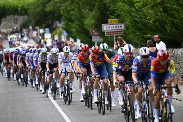 Belgian Tim Merlier of Soudal Quick-Step pictured in action in the pack during stage 17 of the 2025 Tour de France cycling race, from Bollene to Valence (161km), on Wednesday 23 July 2025 in France. The 112th edition of the Tour de France starts on Saturday 5 July in Lille, France, and will finish in Paris, France on the 27th of July. JASPERxJACOBS  x129851718x