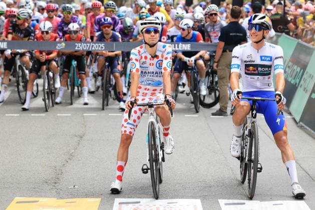 TOUR DE FRANCE 2025 Pierre Teyssot MAXPPP ; Tour de France - UCI Cycling Race 2025 in Bollene, France on July 23, 2025. Stage 17 from Bollene to Valence - 160.4 km. Racers Presentation and Start. Left, Lenny Martinez (FRA) TBV and Florian Lipowitz (GER) Pierre Teyssot Maxppp- French cycling race Tour de France 2024 takes place in july 2025 Bollene Drome France  Copyright: xMAXPPPxPierrexTeyssotx TEP63347 TEP63347