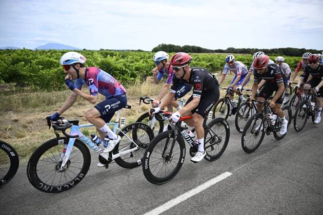 Canadian Michael Woods of Israel-Premier Tech, Swiss Fabian Lienhard of Tudor Pro Cycling Team and French Julian Alaphilippe of Tudor Pro Cycling Team pictured in action during stage 17 of the 2025 Tour de France cycling race, from Bollene to Valence (161km), on Wednesday 23 July 2025 in France. The 112th edition of the Tour de France starts on Saturday 5 July in Lille, France, and will finish in Paris, France on the 27th of July. JASPERxJACOBS  x129857961x