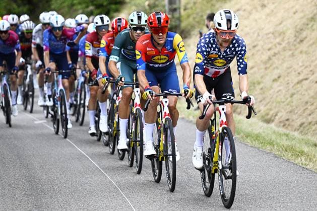 Italian Jonathan Milan of Lidl-Trek, Belgian Jasper Stuyven of Lidl-Trek and US Quinn Simmons of Lidl-Trek pictured in action during stage 17 of the 2025 Tour de France cycling race, from Bollene to Valence (161km), on Wednesday 23 July 2025 in France. The 112th edition of the Tour de France starts on Saturday 5 July in Lille, France, and will finish in Paris, France on the 27th of July. JASPERxJACOBS  x129861495x