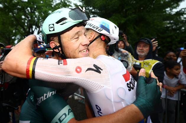 Italian Jonathan Milan of Lidl-Trek and Belgian Tim Merlier of Soudal Quick-Step pictured after stage 17 of the 2025 Tour de France cycling race, from Bollene to Valence (161km), on Wednesday 23 July 2025 in France. The 112th edition of the Tour de France starts on Saturday 5 July in Lille, France, and will finish in Paris, France on the 27th of July. POOLxTIMxVANxWICHELEN  x129863544x