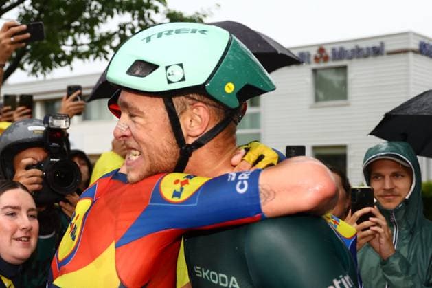 Italian Jonathan Milan of Lidl-Trek celebrate after winning stage 17 of the 2025 Tour de France cycling race, from Bollene to Valence (161km), on Wednesday 23 July 2025 in France. The 112th edition of the Tour de France starts on Saturday 5 July in Lille, France, and will finish in Paris, France on the 27th of July. POOLxTIMxVANxWICHELEN  x129863662x