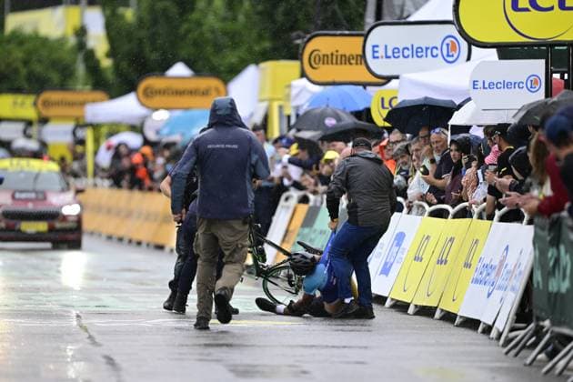 A streaker is pictured falling down at the finish line of stage 17 of the 2025 Tour de France cycling race, from Bollene to Valence (161km), on Wednesday 23 July 2025 in France. The 112th edition of the Tour de France starts on Saturday 5 July in Lille, France, and will finish in Paris, France on the 27th of July. DIRKxWAEM  x129864033x