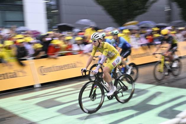 Slovenian Tadej Pogacar of UAE Team Emirates crosses the finish line of stage 17 of the 2025 Tour de France cycling race, from Bollene to Valence (161km), on Wednesday 23 July 2025 in France. The 112th edition of the Tour de France starts on Saturday 5 July in Lille, France, and will finish in Paris, France on the 27th of July. JASPERxJACOBS  x129865281x
