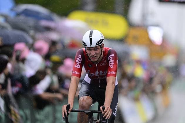 Belgian Brent Van Moer of Lotto Cycling Team crosses the finish line of stage 17 of the 2025 Tour de France cycling race, from Bollene to Valence (161km), on Wednesday 23 July 2025 in France. The 112th edition of the Tour de France starts on Saturday 5 July in Lille, France, and will finish in Paris, France on the 27th of July. DIRKxWAEM  x129865539x