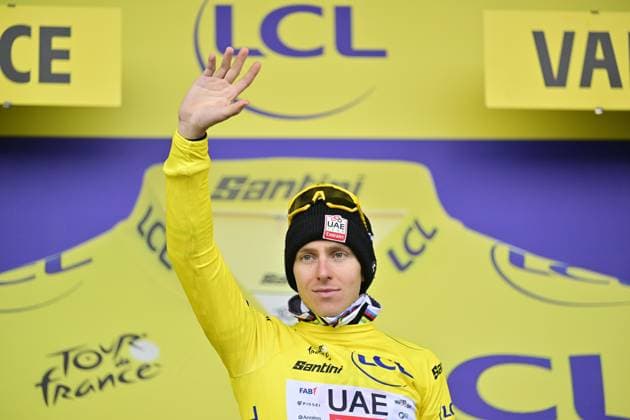 Slovenian Tadej Pogacar of UAE Team Emirates celebrates on the podium in the yellow jersey of leader in the overall ranking after stage 17 of the 2025 Tour de France cycling race, from Bollene to Valence (161km), on Wednesday 23 July 2025 in France. The 112th edition of the Tour de France starts on Saturday 5 July in Lille, France, and will finish in Paris, France on the 27th of July. DIRKxWAEM  x129865703x