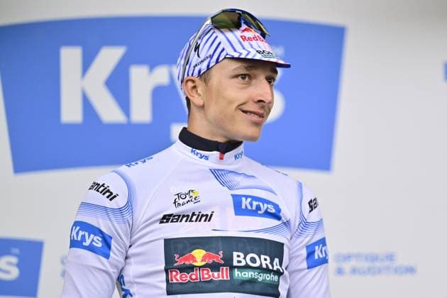 German Florian Lipowitz of RedBull-BORA-hansgrohe celebrates on the podium in the white jersey for best young rider after stage 17 of the 2025 Tour de France cycling race, from Bollene to Valence (161km), on Wednesday 23 July 2025 in France. The 112th edition of the Tour de France starts on Saturday 5 July in Lille, France, and will finish in Paris, France on the 27th of July. DIRKxWAEM  x129865723x