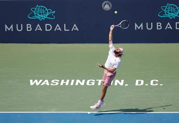 July 23, 2025: Reilly Opelka serves the ball during his match against Daniil Medvedev during the 2025 Mubadala Citi DC Open tennis tournament being played at Rock Creek Park Tennis Center in Washington, D.C. CSM District Of Columbia United States of America - ZUMAc04_ 20250723_zma_c04_053 Copyright: xJustinxCooperx
