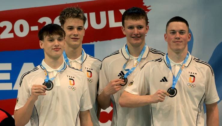 23.07.2025 Skopje EYOF European Youth Olympic Festival boys men s swimming 4x100m freestyle Relay Elias HIMMELSBACH(L),Theodor BUSCHER(2L),Jannis KUBE(3L),Nils WODDOW(R) Germany bronze medal :