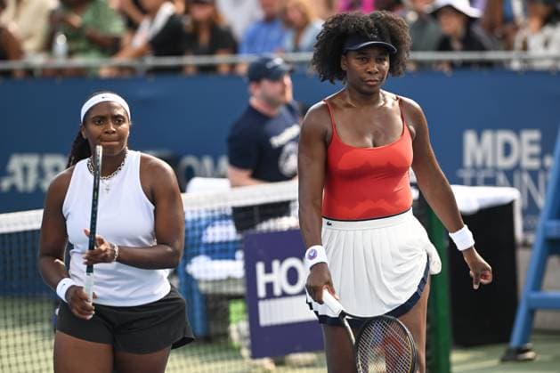 July 23, 2025, Washington, D.C, U.S: HAILEY BAPTISTE and VENUS WILLIAMS in between points during their quarterfinal doubles match at the Rock Creek Tennis Center. Washington U.S - ZUMAg196 20250723_zap_g196_023 Copyright: xKylexGustafsonx