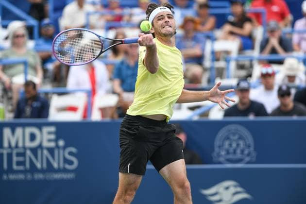 July 23, 2025, Washington, District of Columbia, USA: TAYLOR FRITZ hits a forehand during his match against Aleksandar Vukic at the Rock Creek Tennis Center. Top-seeded Fritz won 6:3, 6:2. Washington USA - ZUMAg196 20250723_zap_g196_001 Copyright: xKylexGustafsonx