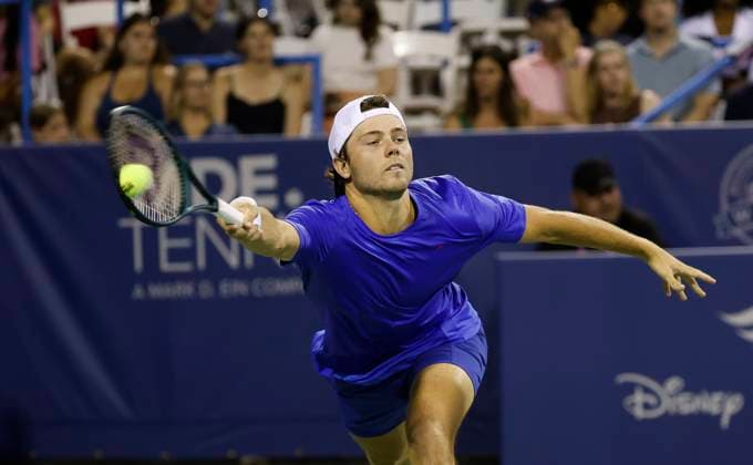 July 23, 2025: Aleksandar Kovacevic hits a shot against Frances Tiafoe during the 2025 Mubadala Citi DC Open tennis tournament being played at Rock Creek Park Tennis Center in Washington, D.C. CSM District Of Columbia United States of America - ZUMAc04_ 20250723_zma_c04_183 Copyright: xJustinxCooperx