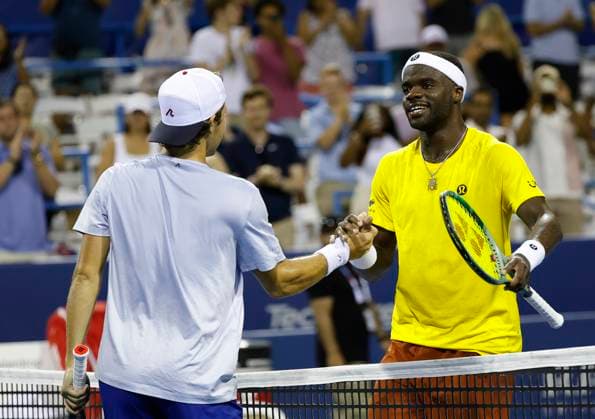 July 23, 2025: Francis Tiafoe shakes hands with Aleksandar Kovacevic after their match in the 2025 Mubadala Citi DC Open tennis tournament being played at Rock Creek Park Tennis Center in Washington, D.C. CSM District Of Columbia United States of America - ZUMAc04_ 20250723_zma_c04_186 Copyright: xJustinxCooperx