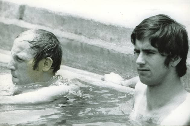 Football Germany u B Z v l The National player Uwe Seeler Hamburg SV and Gerd Mueller Bavaria Munich in Pool 70 Years ATTENTION date estimated !ACHTUNG AUFNAHMEDATUM GESCHÄTZT!