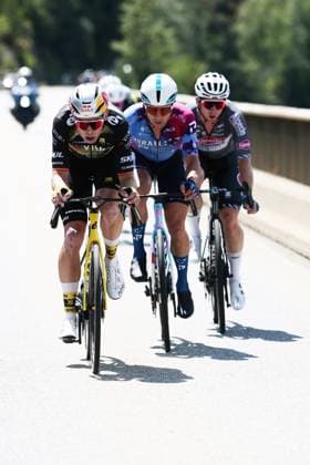 Belgian Wout van Aert of Team Visma-Lease a Bike, Kazakh Alexey Lutsenko of Israel-Premier Tech and Australian Kaden Groves of Alpecin-Deceuninck pictured in action during stage 18 of the 2025 Tour de France cycling race, from Vif to Courchevel Col de la Loze, on Thursday 24 July 2025 in France. The 112th edition of the Tour de France starts on Saturday 5 July in Lille, France, and will finish in Paris, France on the 27th of July. POOLxLUCAxBETTINI  x129920372x