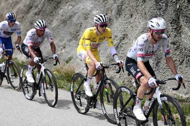Slovenian Tadej Pogacar of UAE Team Emirates wearing the yellow jersey of leader in the overall ranking pictured in action during stage 18 of the 2025 Tour de France cycling race, from Vif to Courchevel Col de la Loze, on Thursday 24 July 2025 in France. The 112th edition of the Tour de France starts on Saturday 5 July in Lille, France, and will finish in Paris, France on the 27th of July. POOLxLUCAxBETTINI  x129923496x