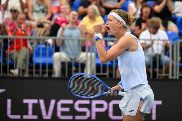 Czech tennis player Marie Bouzkova celebrates victory against Ann Li of USA at the WTA, Tennis Damen Livesport Prague Open 2025 on the courts of TK Sparta Prague, in Prague, Czech Republic, on July 24, 2025. (CTKxPhoto MichalxKamaryt) CTKPhotoP2025072405176  CTKPhotoP2025072405176