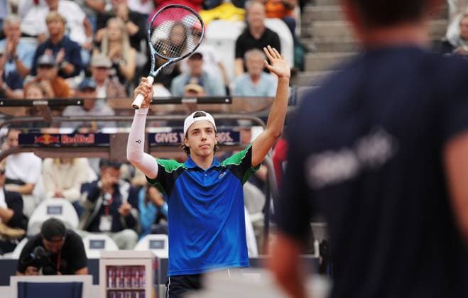 TENNIS - ATP, Tennis Herren Generali Open 2025 KITZBUEHEL,AUSTRIA,24.JUL.25 - TENNIS - ATP World Tour, Generali Open. Image shows the rejoicing of Arthur Cazaux (FRA).  GEPAxpictures xMatthiasxHauer