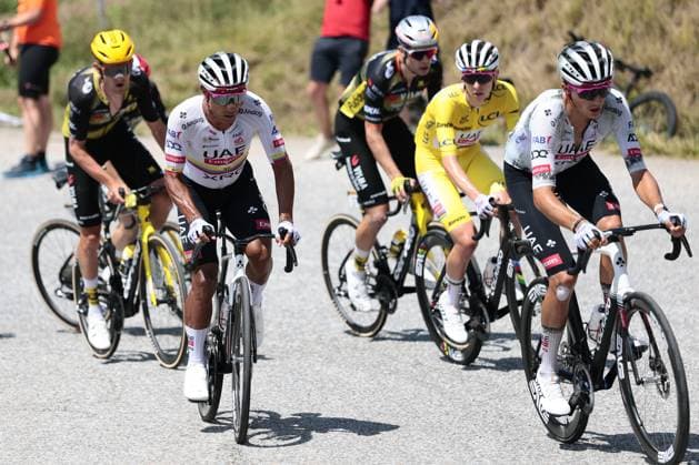 Ecuadorian Jhonatan Narvaez of UAE Team Emirates and Slovenian Tadej Pogacar of UAE Team Emirates pictured in action during stage 18 of the 2025 Tour de France cycling race, from Vif to Courchevel Col de la Loze, on Thursday 24 July 2025 in France. The 112th edition of the Tour de France starts on Saturday 5 July in Lille, France, and will finish in Paris, France on the 27th of July. POOLxLUCAxBETTINI  x129927466x