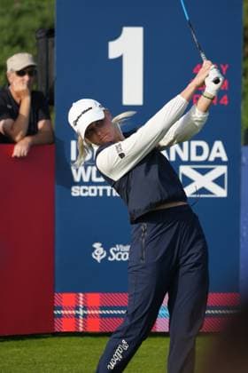 24th July 2025; Dundonald Links, Irvine, Scotland ISPS HANDA Womens Scottish Open Golf Round 1; Charley Hull plays her tee shot on the 1st hole at Dundonald Links  AlecxBrown