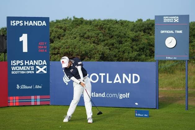 24th July 2025; Dundonald Links, Irvine, Scotland ISPS HANDA Womens Scottish Open Golf Round 1; Hye-Jin Choi plays her tee shot on the 1st hole at Dundonald Links  AlecxBrown