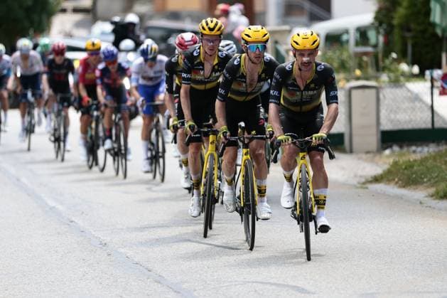 Danish Jonas Vingegaard Hansen of Team Visma-Lease a Bike, American Sepp Kuss of Team Visma-Lease a Bike and Belgian Victor Campenaerts of Team Visma-Lease a Bike pictured in action during stage 18 of the 2025 Tour de France cycling race, from Vif to Courchevel Col de la Loze, on Thursday 24 July 2025 in France. The 112th edition of the Tour de France starts on Saturday 5 July in Lille, France, and will finish in Paris, France on the 27th of July. POOLxLUCAxBETTINI  x129928608x