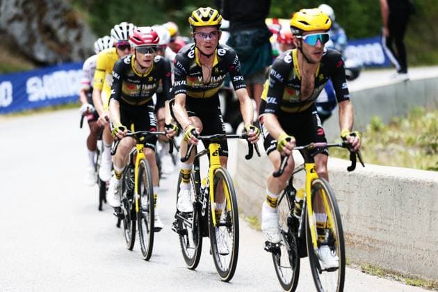 Danish Jonas Vingegaard Hansen of Team Visma-Lease a Bike, American Sepp Kuss of Team Visma-Lease a Bike and British Simon Philip Yates of Team Visma-Lease a Bike pictured in action during stage 18 of the 2025 Tour de France cycling race, from Vif to Courchevel Col de la Loze, on Thursday 24 July 2025 in France. The 112th edition of the Tour de France starts on Saturday 5 July in Lille, France, and will finish in Paris, France on the 27th of July. POOLxLUCAxBETTINI  x129929848x