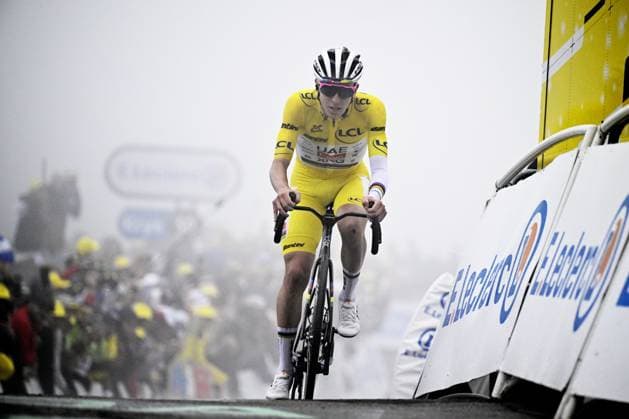 Slovenian Tadej Pogacar of UAE Team Emirates pictured crossing the finish line of stage 18 of the 2025 Tour de France cycling race, from Vif to Courchevel Col de la Loze, on Thursday 24 July 2025 in France. The 112th edition of the Tour de France starts on Saturday 5 July in Lille, France, and will finish in Paris, France on the 27th of July. JASPERxJACOBS  x129936315x
