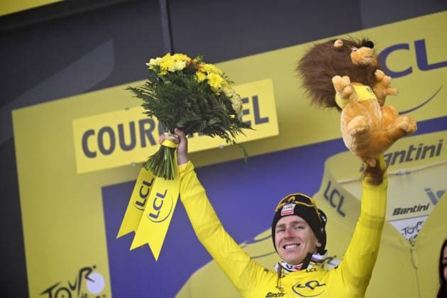 Slovenian Tadej Pogacar of UAE Team Emirates pictured on the podium after stage 18 of the 2025 Tour de France cycling race, from Vif to Courchevel Col de la Loze, on Thursday 24 July 2025 in France. The 112th edition of the Tour de France starts on Saturday 5 July in Lille, France, and will finish in Paris, France on the 27th of July. JASPERxJACOBS  x129936585x
