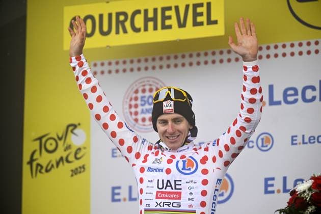 Slovenian Tadej Pogacar of UAE Team Emirates pictured on the podium after stage 18 of the 2025 Tour de France cycling race, from Vif to Courchevel Col de la Loze, on Thursday 24 July 2025 in France. The 112th edition of the Tour de France starts on Saturday 5 July in Lille, France, and will finish in Paris, France on the 27th of July. JASPERxJACOBS  x129937255x