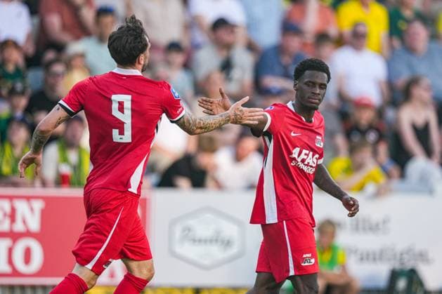 2025-07-24 Ilves Tampere v AZ Alkmaar - UEFA Conference League Second Qualifying Round TAMPERE, FINLAND - JULY 24: Troy Parrott of AZ Alkmaar, Ernest Poku of AZ Alkmaar celebrate the goal during the UEFA Conference League Second Qualifying Round match between Ilves Tampere and AZ Alkmaar at Tammela Stadion on July 24, 2025 in Tampere, Finland. Tampere Tammela Stadion Finland Content not available for redistribution in The Netherlands directly or indirectly through any third parties. Copyright: xEdxvanxdexPolx