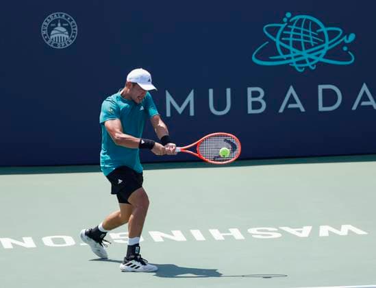 July 24, 2025: Yibing Wu hits a shot in his match against Daniil Medvedev during the 2025 Mubadala Citi DC Open tennis tournament being played at Rock Creek Park Tennis Center in Washington, D.C. CSM District Of Columbia United States of America - ZUMAc04_ 20250724_zma_c04_092 Copyright: xJustinxCooperx