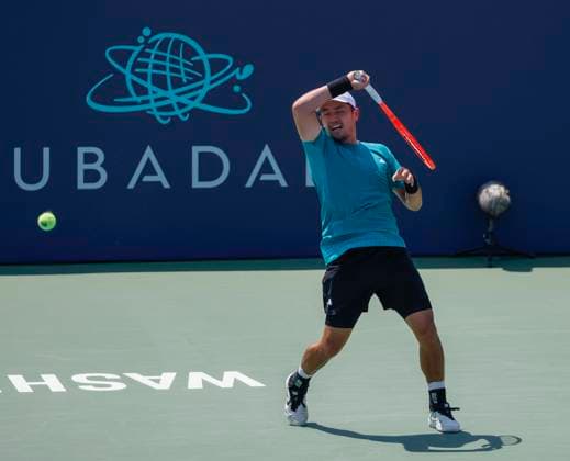 July 24, 2025: Yibing Wu hits a shot in his match against Daniil Medvedev during the 2025 Mubadala Citi DC Open tennis tournament being played at Rock Creek Park Tennis Center in Washington, D.C. CSM District Of Columbia United States of America - ZUMAc04_ 20250724_zma_c04_095 Copyright: xJustinxCooperx