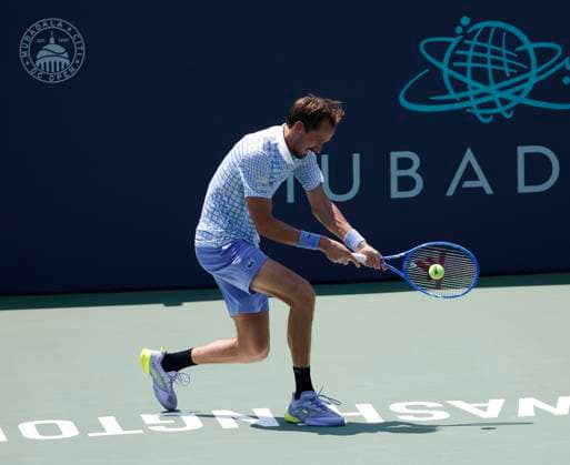 July 24, 2025: Daniil Medvedev hits a shot against Yibing Wu during the 2025 Mubadala Citi DC Open tennis tournament being played at Rock Creek Park Tennis Center in Washington, D.C. CSM District Of Columbia United States of America - ZUMAc04_ 20250724_zma_c04_098 Copyright: xJustinxCooperx