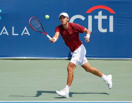 July 24, 2025: Brandon Nakashima hits a shot in his match against Cameron Norrie during the 2025 Mubadala Citi DC Open tennis tournament being played at Rock Creek Park Tennis Center in Washington, D.C. CSM District Of Columbia United States of America - ZUMAc04_ 20250724_zma_c04_110 Copyright: xJustinxCooperx