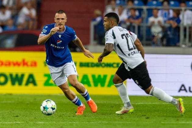 From left Jiri Boula of Ostrava, Juergen Elitim of Warsaw in action during the European League 2nd qualifying round opening match Banik Ostrava vs Legia Warsaw in Ostrava, Czech Republic, July 24, 2025. (CTKxPhoto VladimirxPrycek) CTKPhotoP2025072408101  CTKPhotoP2025072408101